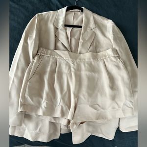 AllSaints blush pink shorts suit, size 4 (blazer) and size 6 (shorts).